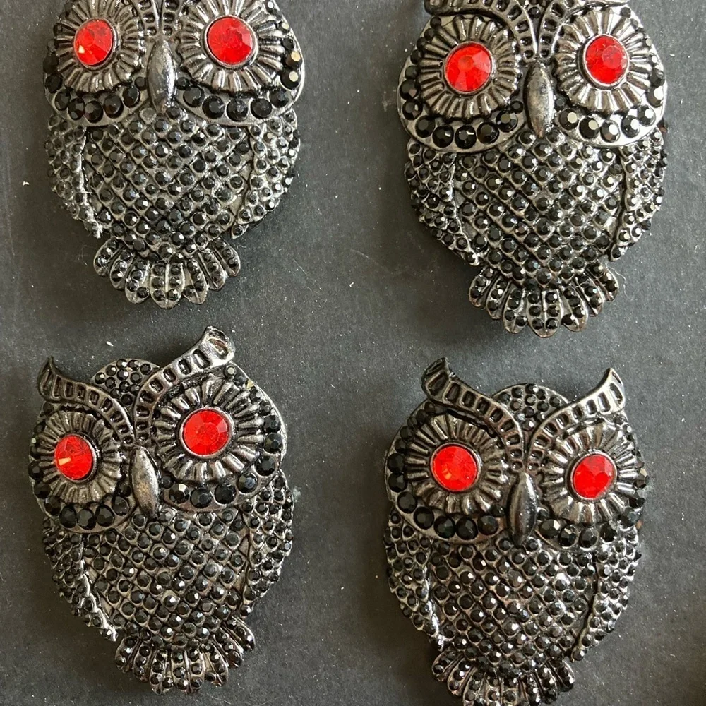 Tahari Napkin Rings Owl black with red stone eyes new